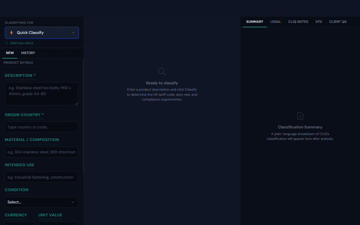 CLIQ classification input form showing description, origin country, material, and intended use fields