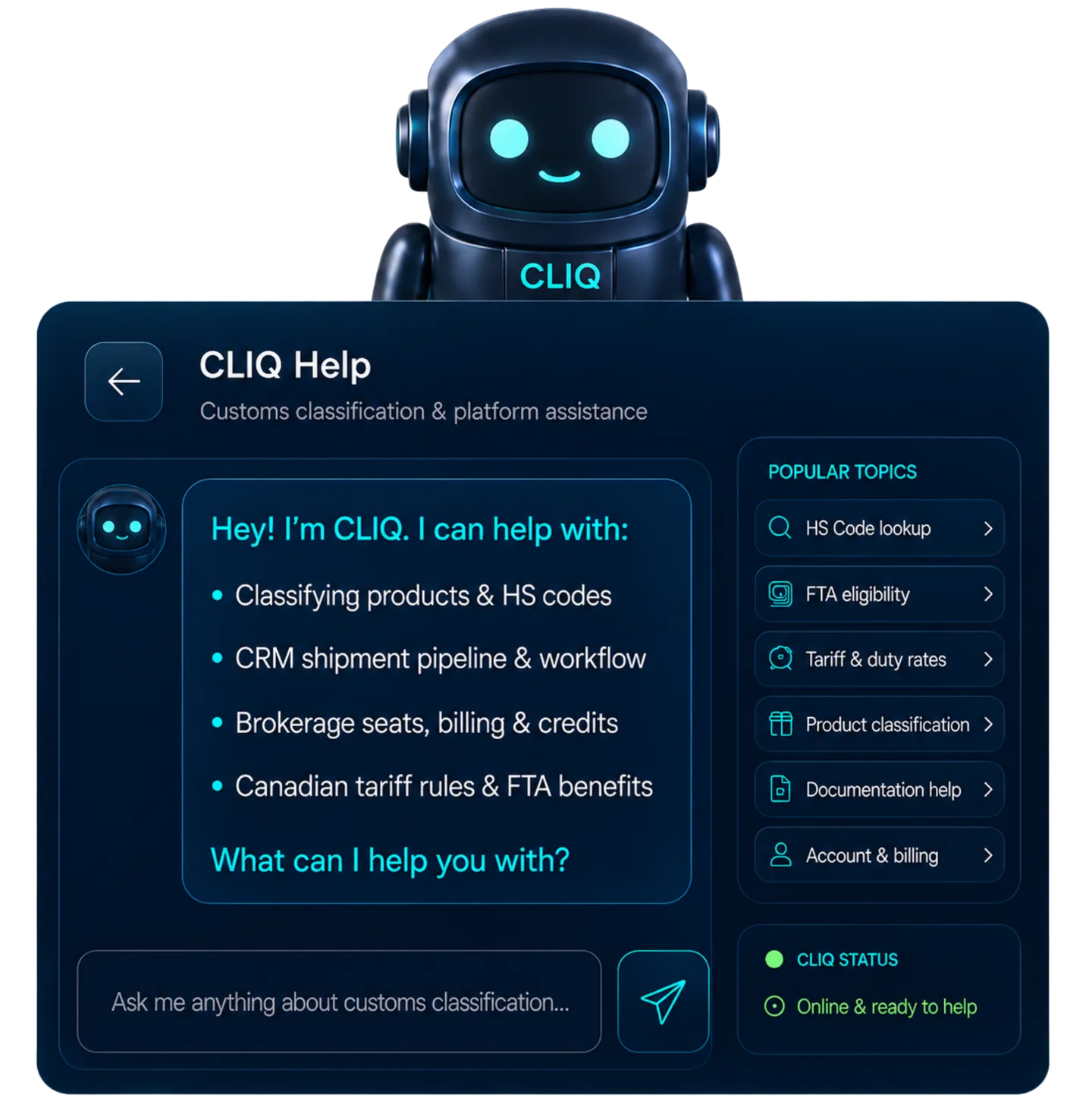 Assistente CLiQ per la comunicazione con consulenti e clienti che redige domande ai clienti e risponde a quesiti doganali