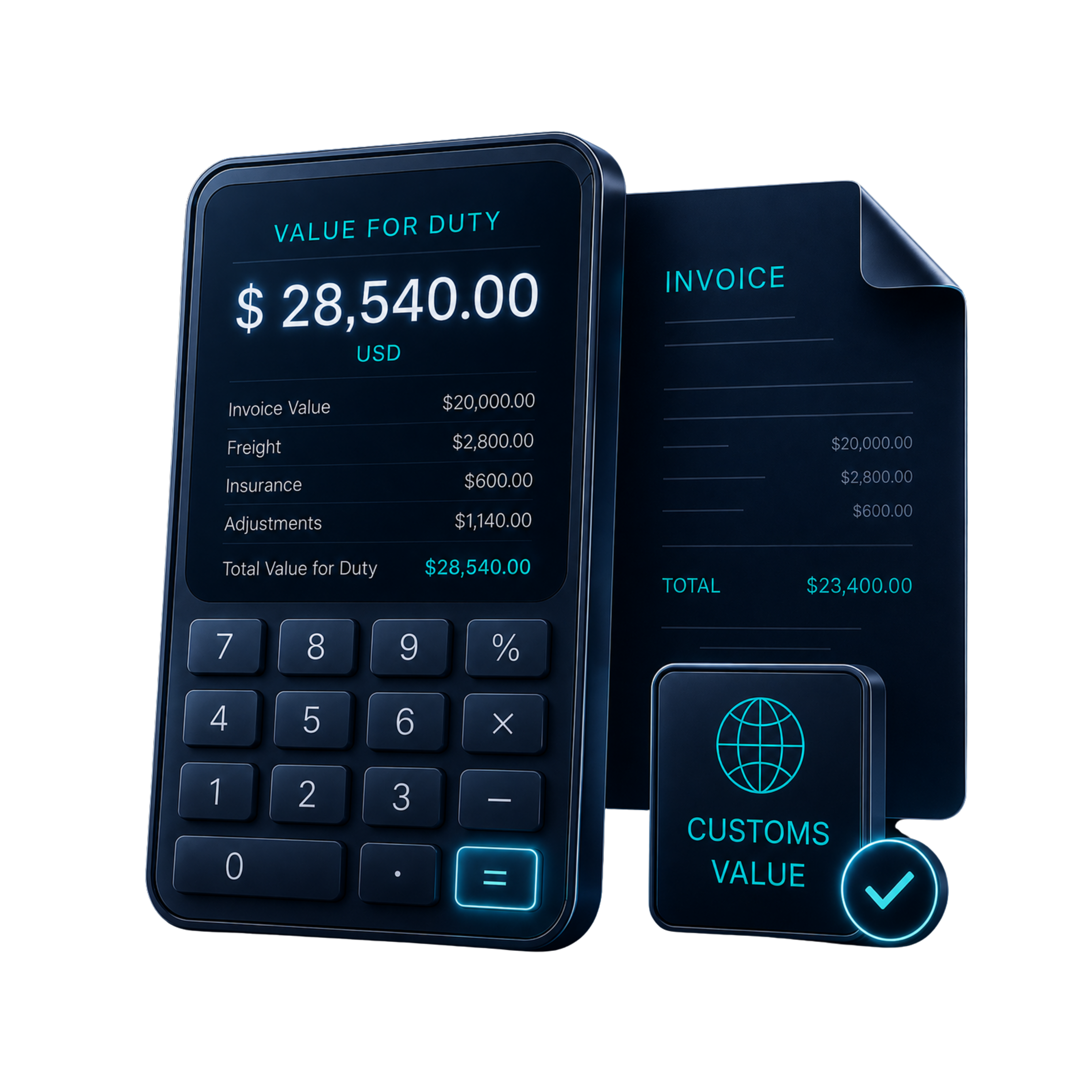 CLIQ duty calculator showing duty, taxes, and total landed cost for a classification line